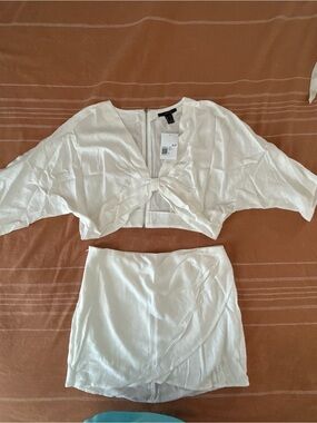 White Two-Piece Knot Front Crop Top & Mini Skirt Set